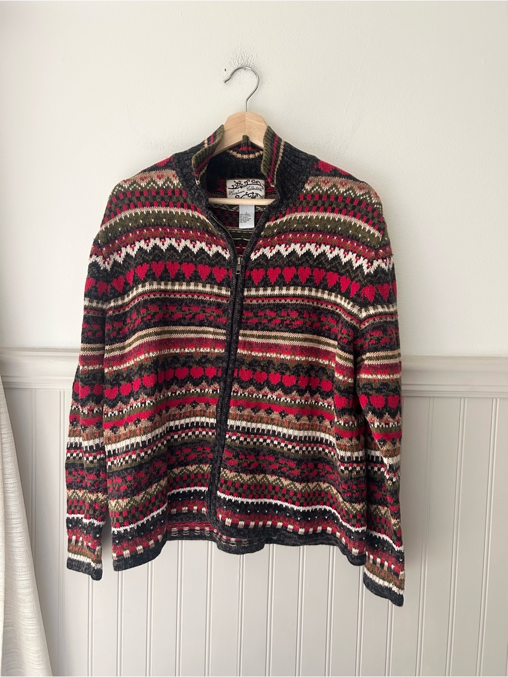 Vintage Heirloom Collectibles Fair Isle Heart Cardigan Large Zip Up Sweater